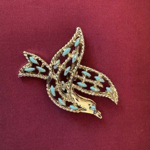 Vintage Gold Tone Turquoise Enamel Dove Brooch Pendant